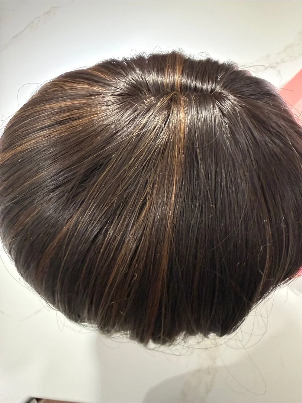 HAIR, 10” Topper, Straight, Off Center Part, with Bangs, Brown